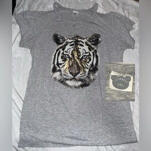 Gray Tiger Graphic women’s cold shoulder shirt